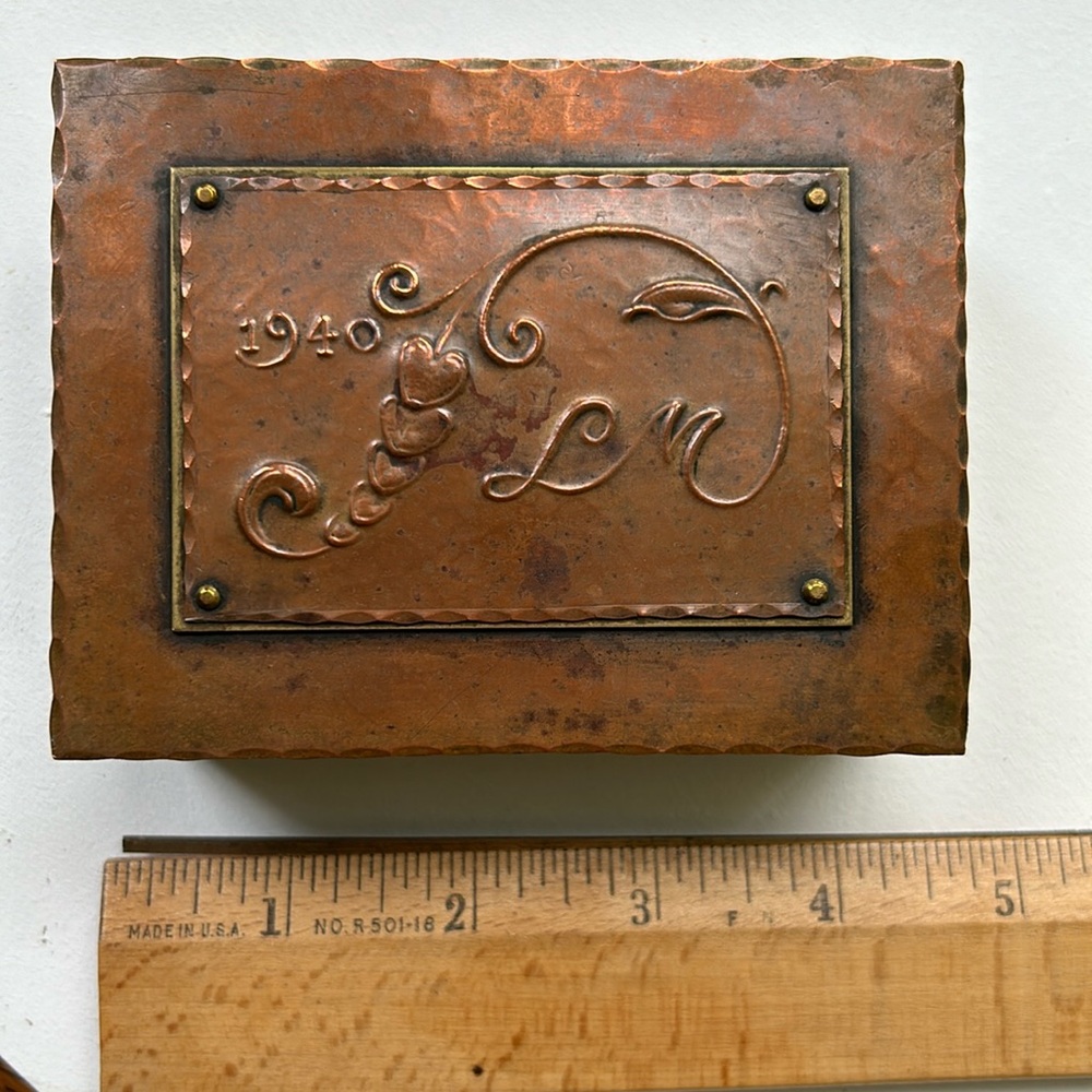 Copper jewelry box dated 1940 on lid